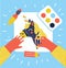 Vector colorful illustration of hands painting, drawing and crafting on white paper