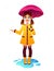 Vector colorful illustration of a little girl wearing raincoat and rubber boots.