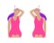 Vector colorful illustration. Neck exercises by girl for relax. Put your finger behind the ear and pull the head up.