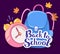 Vector colorful illustration of pink alarm clock, blue backpack, yellow maple leaves with inscription back to school on dark back