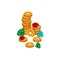 Vector colorful illustration of stack of gold coins with rich gems