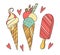 Vector colorful illustration of three ice cream in a cute cartoon style. Colorful youths in waffles and on a stick. Ice cream