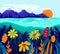 Vector colorful landscape. Picturesque colorful landscape, mountains, sea, sunset, flowers.