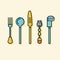 Vector of a colorful lineup of various kitchen utensils