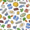 Vector colorful pattern on the theme of food, everyday products, supermarket. Background with isolated vegetables, dairy products