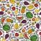 Vector colorful pattern on the theme of food, proper nutrition, vitamins, vegetarian food. Background with fruits on white color
