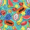 Vector colorful pattern on the theme of proper nutrition, food, vegetarian, health. Seamless background with exotic fruits