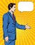 Vector colorful pop art comic style illustration of a office man handshake over halftone dot background