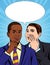 Vector colorful pop art comic style illustration of one businessman telling a secret information to his colleague.