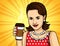 Vector colorful pop art comic style illustration of a pretty woman in red dress drinking a coffee.