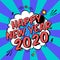 Vector colorful poster 2020 in pop art style with bomb explosive. Modern comics Happy New Year illustration with speech bubble