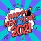 Vector colorful poster 2021 in pop art style with bomb explosive. Modern comics Happy New Year illustration with speech bubble