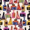Vector colorful seamless pattern of cartoon stylised alchemic bottles and tubes