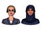 Vector colorful set avatars of western and eastern culture women working at contact centre