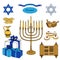 Vector colorful set of Hanukkah objects. Jewish holidays illustration.