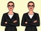 Vector colorful set of two different opposite emotions women in glasses with crossed arms.