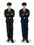 Vector colorful set with two smiling pilots standing with crossed hands in full length.