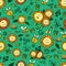 Vector colorful sunflowers and bees repeat pattern with green background. Suitable for gift wrap, textile and wallpaper