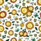 Vector colorful sunflowers and bees repeat pattern with white background. Suitable for gift wrap, textile and wallpaper