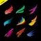 Vector colorful wing icons set on black background.