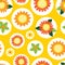 Vector colorful yellow polka dots with textured sunflowers pen sketch repeat pattern. Suitable for textile, gift wrap