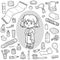 Vector colorless set of bathroom objects, girl and bathrobe