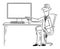 Vector Comic Cartoon of Man or Businessman Working on Computer and Pointing at Empty Screen or Display