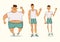 Vector comic character in a different forms. Set of cartoon style illustrations. Man with excess weight, in normal shape and with