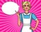 Vector comic pop art style illustration of pretty cute housewife pointing finger up.