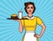 Vector comic pop art style illustration of a pretty cute waitress with a meal tray.