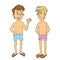 Vector comic. two men dressed in swimming trunks talking on the beach do not keep their distance