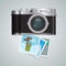 Vector compact photo camera with winter leisure snapshots top view for advertisement layout.