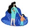 Vector complex flat illustration of pregnant woman and her young children.