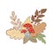 Vector composition with autumn leaves and mushrooms in a watercolor style. Beautiful autumn boutonniere with feathers