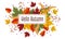 Vector composition with autumn leaves, text hello autumn. Colorful maple, ash leaves with rowan berries and wheat dots