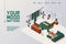 Vector concept banner or landing page template for double twin suite hotel room good for couple drawn in isometric style. 3d scene
