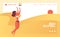 Vector concept banner with young woman jumping with ball, playing beach volleyball. Yellow bright waves on background