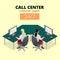 Vector concept of call center. Technical support or dispatcher call center. Female operator on call center. Flat 3d