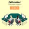Vector concept of call center. Technical support or dispatcher call center. Female operator on call center. Flat 3d