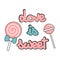 Vector concept hand drawn lettering love is sweet quote with cute cartoon lollipops