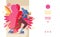 Vector concept horizontal banner with young woman with blue hair roller skating. Bright leaves in pink and yellow. Good scene for