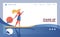 Vector concept illustration with active woman surfing board on river or sea. Blue wave and sun on landing page template dedicated