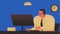 Vector concept illustration of a man working at the desk in the office. Person in a suit and glasses sitting at the computer in a