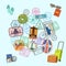 Vector concept illustration with post marks and immigration stamps all over the world and cartoon baggage, camera and