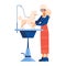Vector concept illustration with woman in protective glasses grooming a poodle with a professional equipment, table for groomer