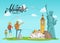 Vector concept illustration with world sights and happy family painting on them with lettering and clouds