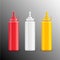 Vector condiment ketchup mayonnaise mustard isolated. Food taste ingredient. Bottle or container red, white and yellow