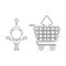 Vector confused businessman character with arrow moving up inside shopping cart. Black outline