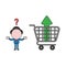 Vector confused businessman character with arrow moving up inside shopping cart. Color and black outlines