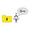 Vector confused businessman character saying key with speech bubble to unlock file folder keyhole. Color and black outlines